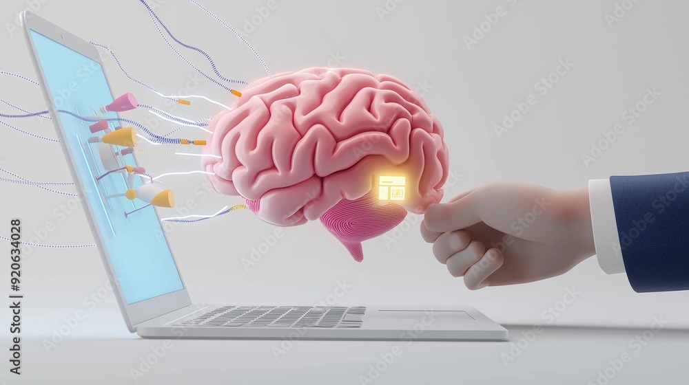 Poster unlocking potential.a hand reaches towards a glowing part of a 3d brain, symbolizing the power of hu