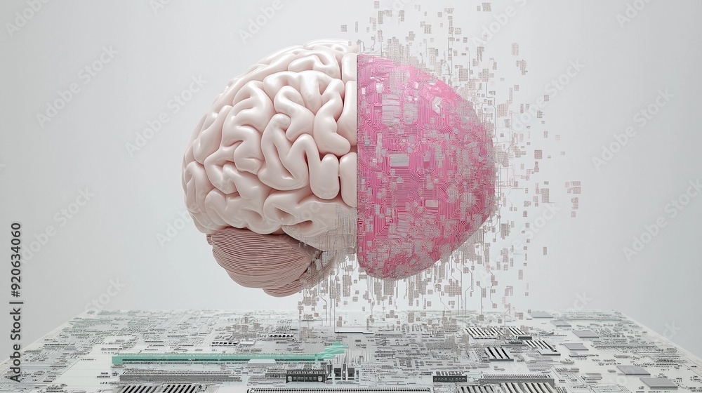 Poster digital brain disintegration.a human brain rendered in 3d, with one half dissolving into digital par