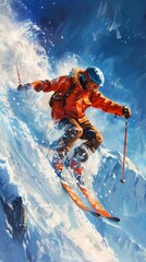 Skier in action, bright orange gear, steep snowy slope, dynamic atmosphere, evokes adrenaline, excitement, ideal for extreme sports, winter adventure themes.