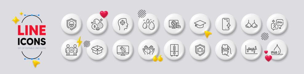 Luggage protect, Stock analysis and Waterproof line icons. White buttons 3d icons. Pack of Graduation cap, Boron mineral, 5g internet icon. Vector