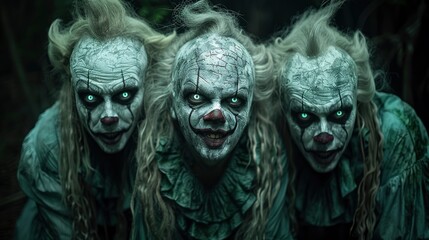 Three evil clowns with glowing eyes in a dark forest