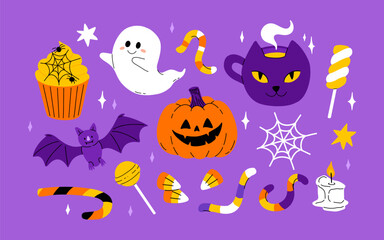 Cute Halloween set. Funny pumpkin, kawaii ghost, bat, web, broom, coffin. October holiday design elements, stickers, cat in witch hat, skull. Isolated kids childish flat graphic vector illustrations