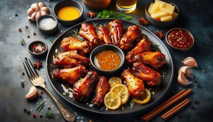 Fototapeta premium A beautiful image of Baked chicken wings and legs in honey mustard sauce on a black plate with restaurant decoration. Stock photography