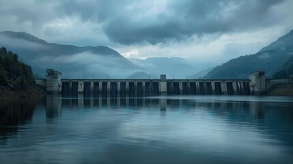 A serene lake behind a hydroelectric dam. AI generated illustration
