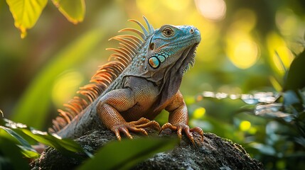 Fototapeta premium Green iguana posing on rock in tropical forest