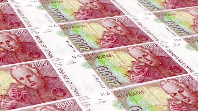 Spain Spanish Peseta 2000 Banknotes Money Printing House, Printing Two Thousand Spanish Peseta, Printing Press Machine Print out Spanish Peseta, Being printed by currency press machine 2000 Spanish 