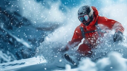 A man wearing ski goggles and a red ski