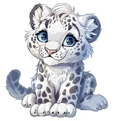 Cute Snow Leopard Sticker on White Background, Adorable and Playful Design of a Snow Leopard with Soft Fur and Spots, Perfect for Wildlife Lovers and Winter-Themed Decoration