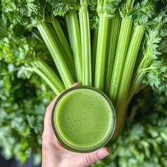 hand holding fresh green smoothie in a glass from pascal celery