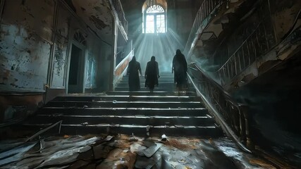 Three shadowy figures walk up a staircase in a decrepit mansion, with light filtering through the broken windows.