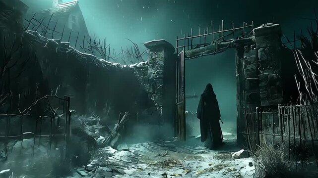 A hooded figure stands at the entrance of a spooky, abandoned mansion under a dark sky.