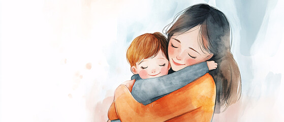 A heartwarming watercolor illustration of a mother and child hugging, perfect for cards or prints.