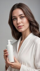 Generated ImaYoung girl holding empty shampoo bottle on white background, smiling woman portrait, moisturizing spa body care conceptge