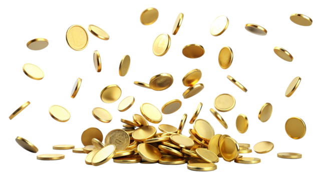 Golden coins of wealth scatter like autumn leaves, a cascading harvest of financial growth