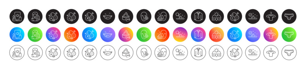 Fototapeta premium Cobalamin vitamin, Collagen skin and Shirt line icons. Round icon gradient buttons. Pack of T-shirt, Vitamin u, Skin moisture icon. Uv protection, Lips, Panties pictogram. Vector