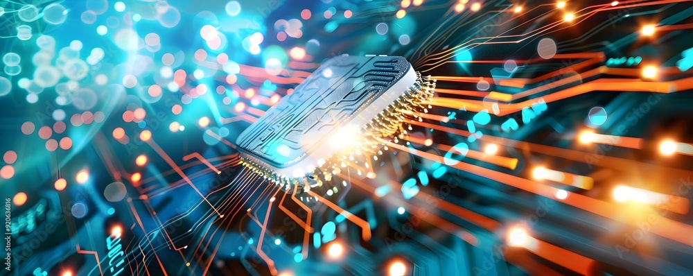 Poster abstract circuit board with cpu and glowing lines.