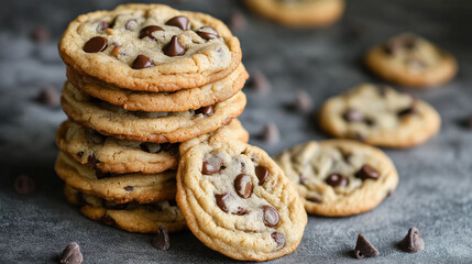 
A stack of chocolate chip cookies, with some cookies placed outside the stack. The cookies appear golden brown with visible chocolate chips embedded within