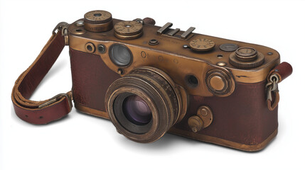 A sophisticated old camera, predominantly in a rich brown hue, equipped with a large lens. The camera is adorned with various buttons and dials, suggesting advanced functionalities