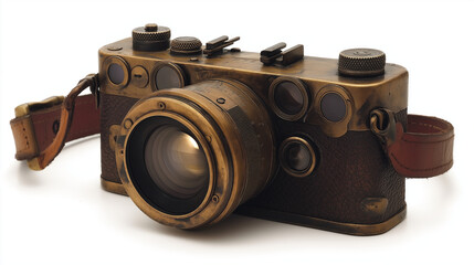 A sophisticated old camera, predominantly in a rich brown hue, equipped with a large lens. The camera is adorned with various buttons and dials, suggesting advanced functionalities