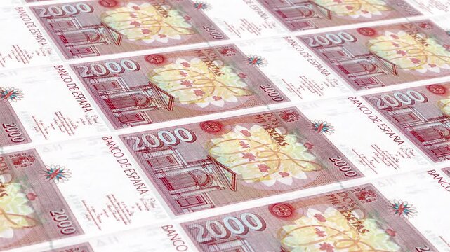 Spain Spanish Peseta 2000 Banknotes Money Printing House, Printing Two Thousand Spanish Peseta, Printing Press Machine Print out Spanish Peseta, Being printed by currency press machine 2000 Spanish 
