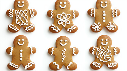 Fototapeta premium Six gingerbread men, each uniquely decorated with white icing patterns. They are arranged in a 2x3 grid on a transparent background. The gingerbread men vary in design, with some having dots for eyes