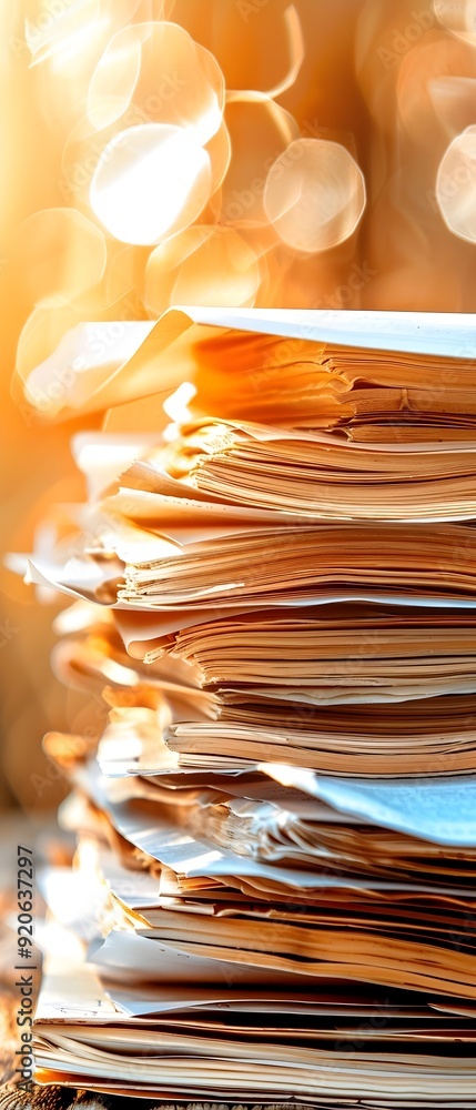 Aufkleber stack of papers with bokeh background.