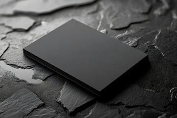 A stack of sleek, black business cards lies on a textured, dark surface, perfect for business, corporate branding, or sleek presentation visuals,
