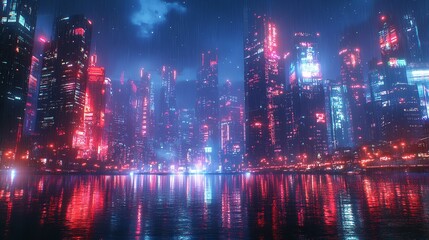 Fototapeta premium Rainy Neon Cityscape Illustration