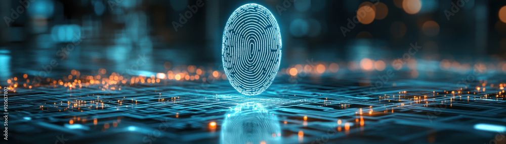 Poster Digital fingerprint,  A luminous holographic fingerprint icon projects above a high-tech digital circuit matrix in a darkened room. The circuits are interconnected by bright lines