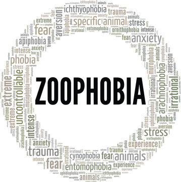 Zoophobia: Fear of Animals word cloud conceptual design isolated on white background.