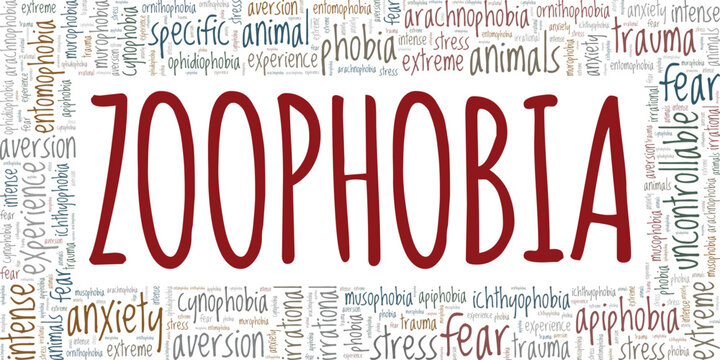 Zoophobia: Fear of Animals word cloud conceptual design isolated on white background.