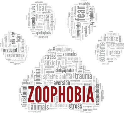 Zoophobia: Fear of Animals word cloud conceptual design isolated on white background.