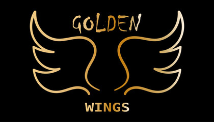 Golden Angel Wings logo. Gold bird wings. Abstract hand drawn vector illustration isolated on Black Background
