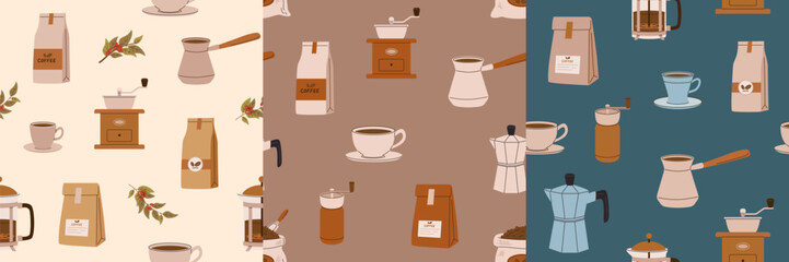 Set of coffee seamless pattern. Beans, grinder, espresso, cappuccino cup background for shop, cafe, menu, packing