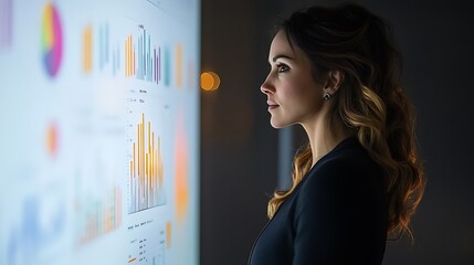 Businesswoman leading a team meeting, with charts and diagrams displayed on a screen in the background