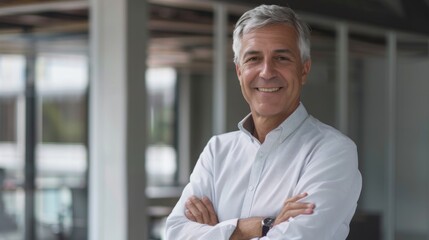 Smiling handsome businessman with crossed arms in modern office, middle-aged gray-haired man exuding confidence, business success concept.