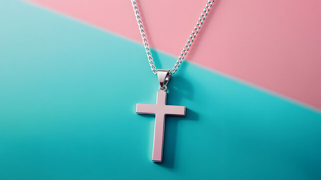 A silver cross pendant hangs elegantly on a delicate chain against a vibrant backdrop of pastel pink and teal, exuding a sense of peace and spirituality.