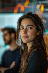 Business professional Excellence,  A visionary business team, featuring a woman leading a group of three men in a strategic brainstorming session. They are surrounded by charts and