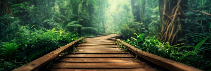 A luscious green wooden path surrounded by dense forest foliage, inviting explorers to immerse themselves in the serene natural beauty.