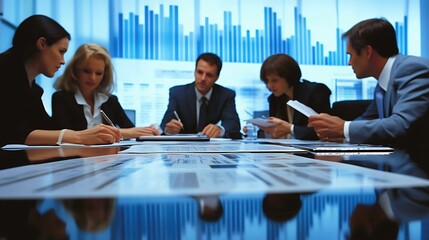 Male executive reviewing financial data with his team, discussing project progress around a conference table