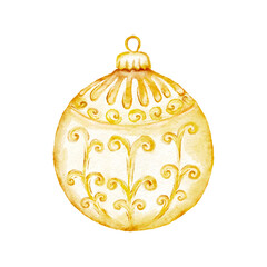 Watercolor golden Christmas ball toy, gold ornament cut out from white background