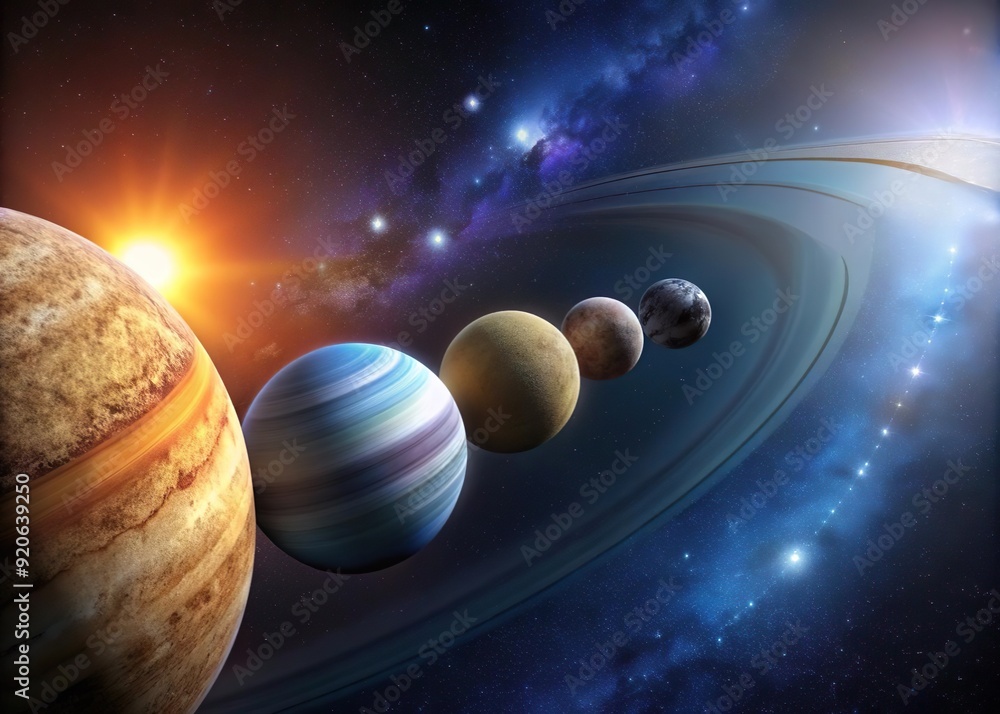 Wall mural rare celestial event of planets align in straight light in outer space