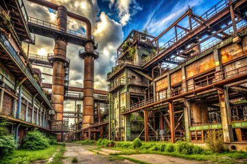 abandoned old rusty industrial factory with pipeline and overgrown plant