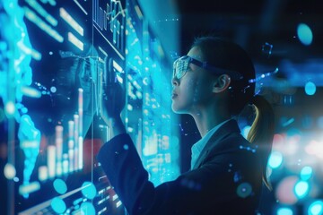 Obraz premium Woman with glasses in business suit immersing herself in virtual reality, digital charts and data around her, cold blue lighting