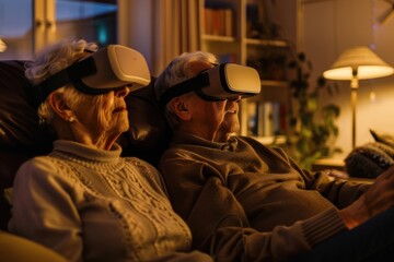 Friendly elderly couple trying virtual reality for the first time, cozy home environment, close-up, soft evening lighting. Horizontal - Powered by Adobe