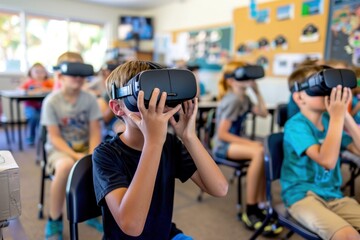 Children in a classroom using virtual reality for learning. General plan Bright daylight