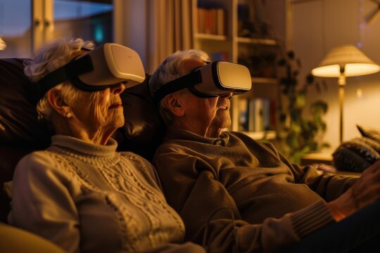 Friendly elderly couple trying virtual reality for the first time, cozy home environment, close-up, soft evening lighting. Horizontal