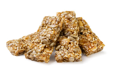 Pile of kozinaki close-up on a white background. Isolated