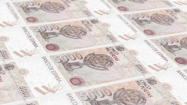 Spain Spanish Peseta 5000 Banknotes Money Printing House, Printing Five Thousand Spanish Peseta, Printing Press Machine Print out Spanish Peseta, Being printed by currency press machine 5000 Spanish 