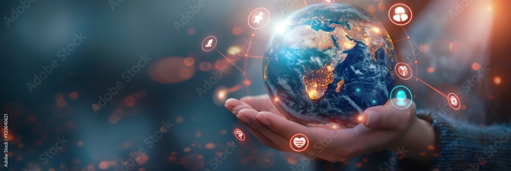 Poster hands holding a digital globe with glowing network icons and connections representing digital commun